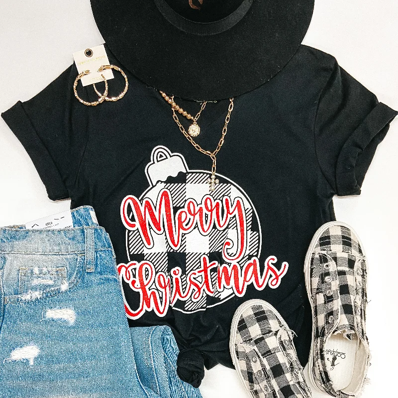 Last Chance Size Small | Merry Christmas in Buffalo Plaid Ornament Short Sleeve Graphic Tee in Black