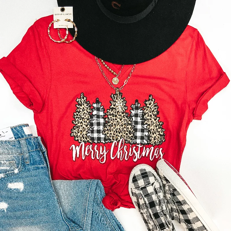 Last Chance Size Small | Merry Christmas Leopard and Buffalo Plaid Christmas Trees Short Sleeve Graphic Tee in Red