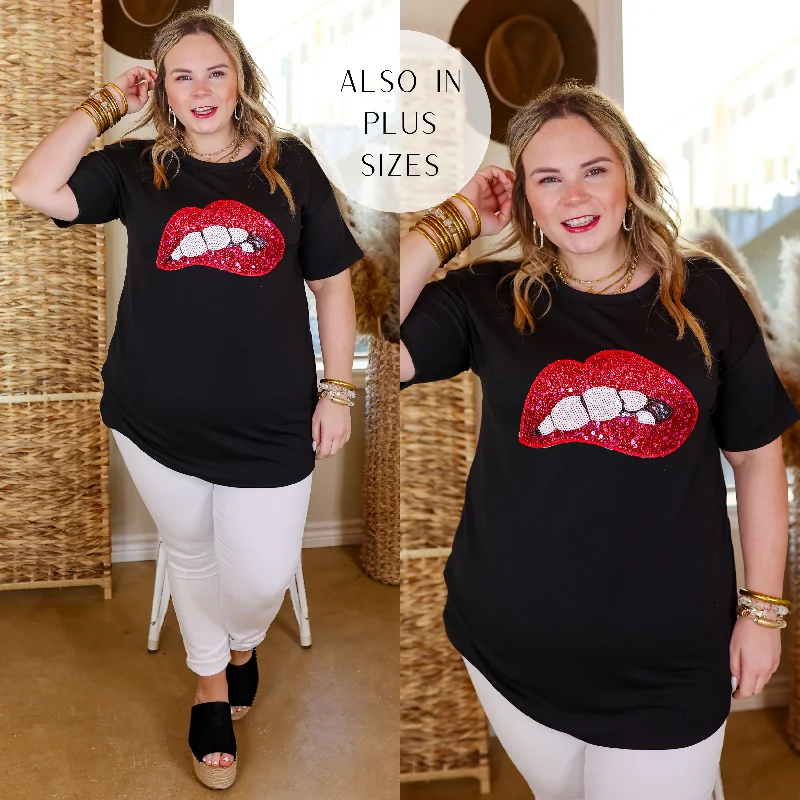 Rock All Night Sequin Mouth Graphic Tee in Black