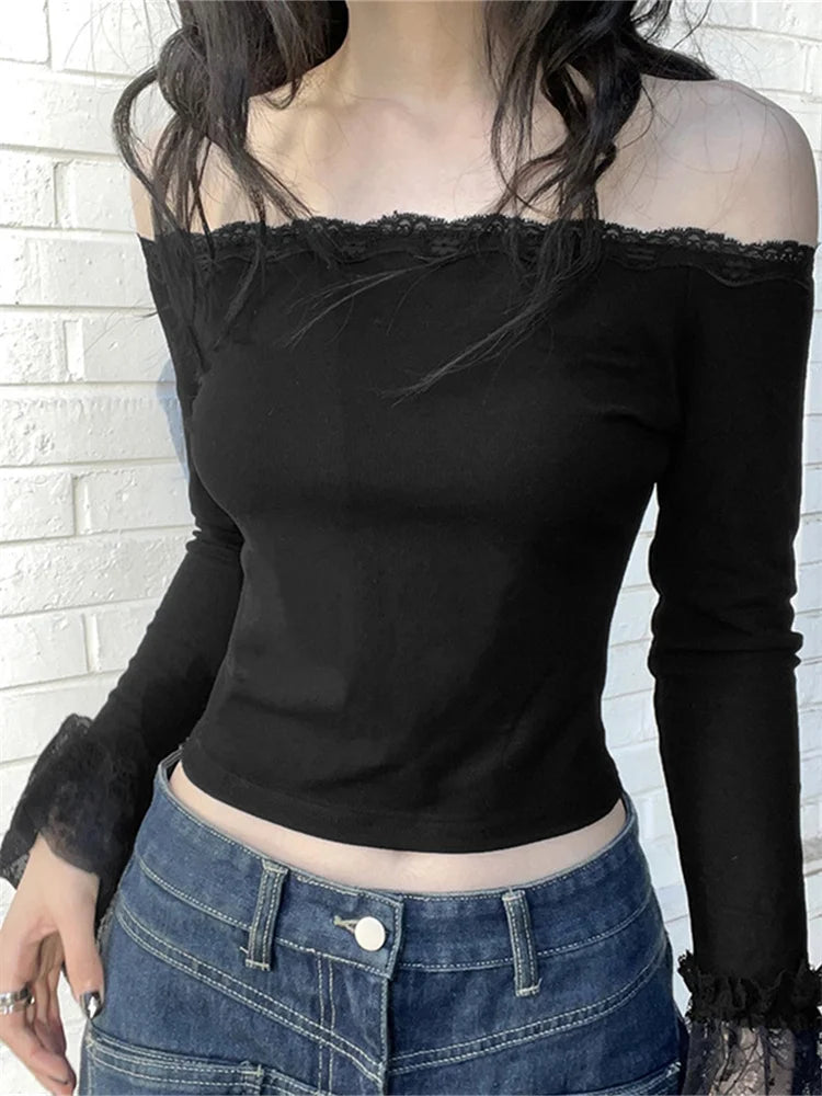 FashionSierra - 2024 Vintage Summer Fashion Lace Trim Long Flared Sleeve Off Shoulder Slash Neck Black Tee