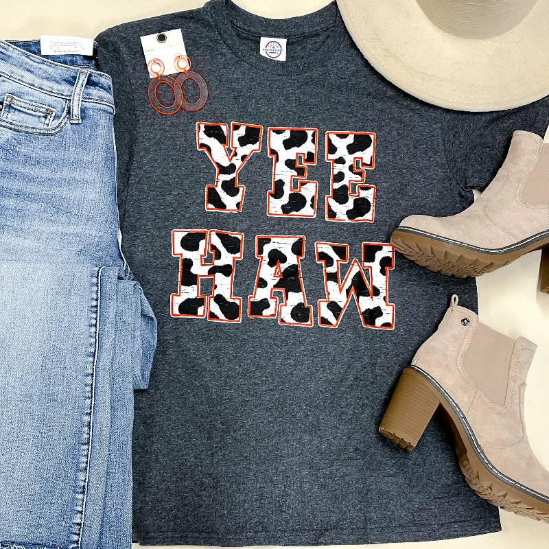 YeeHaw Cow Print Short Sleeve Graphic Tee in Grey