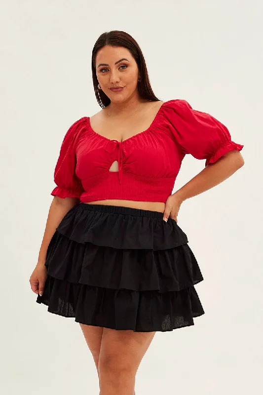 Black Skater Skirt Ruffle Cotton Mini