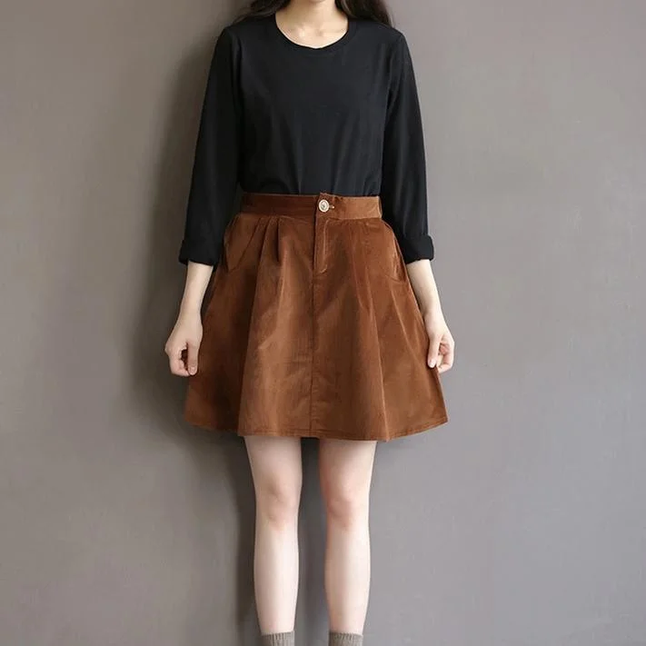 Brown cotton mini skirts oversize pockets short skirts