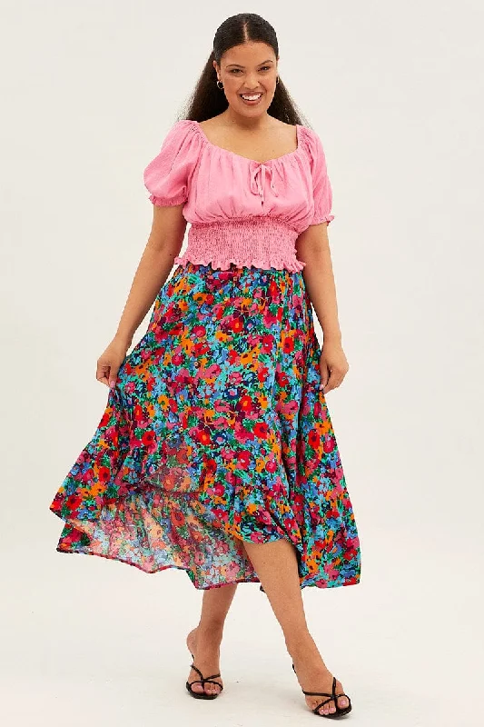 Multi Floral Print Maxi Skirt