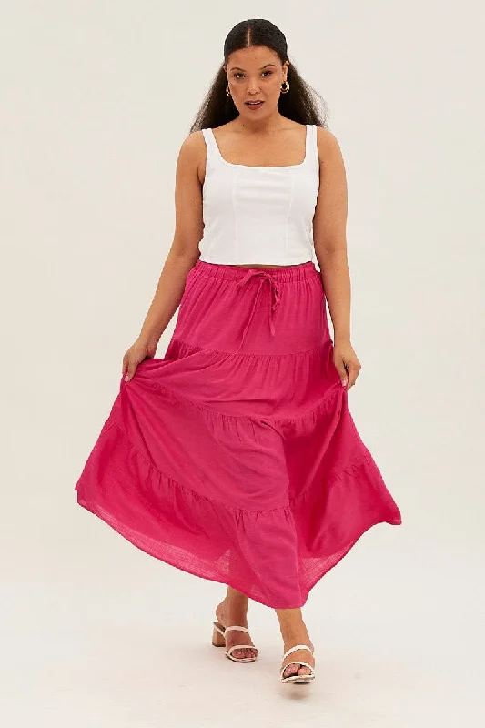 Pink Maxi Skirt High Waist Tiered