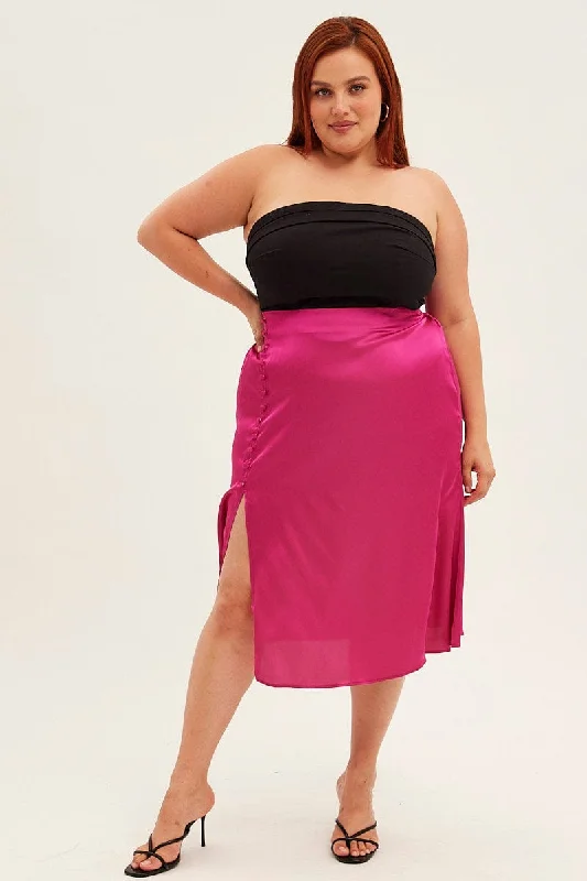 Pink Midi Skirt Satin Slip With Button Detail