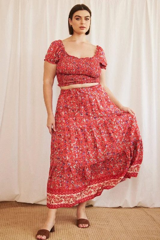 Red Boho Maxi Skirt Tiered