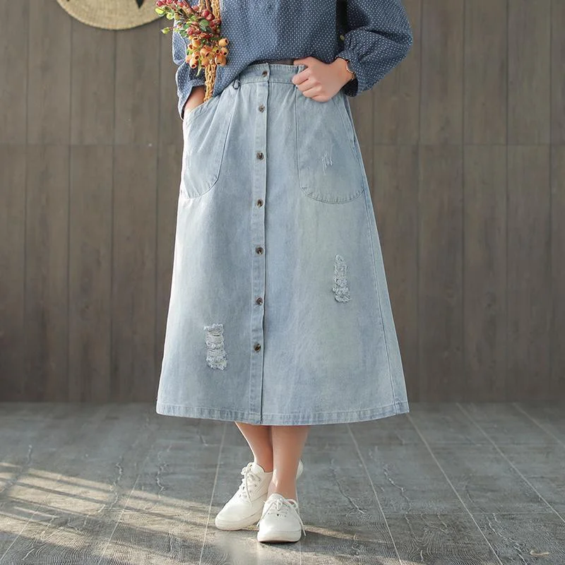 Single-breasted skirt female new cotton denim white loose long skirt