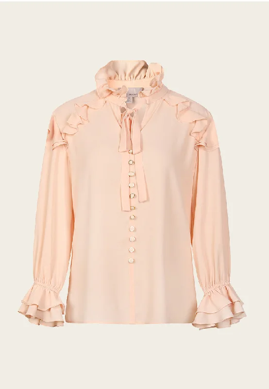 Ruffled Bow-Fastening Button Up Salmon Chiffon Top