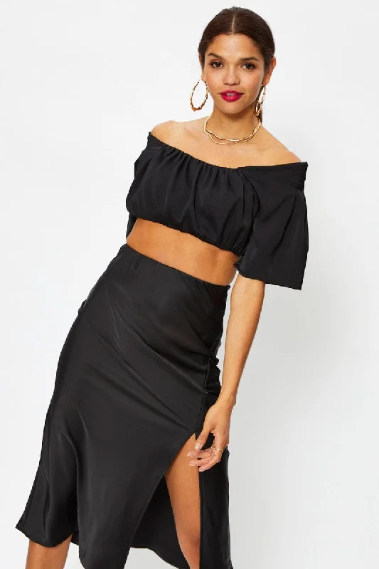 Black Crop Top Short Sleeve Satin