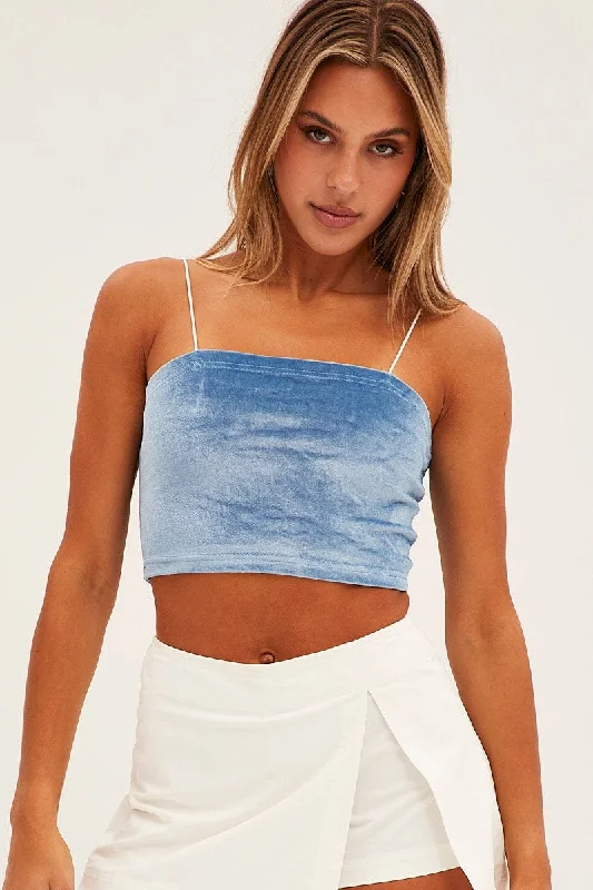 Blue Velour Singlet Lounge Crop Top