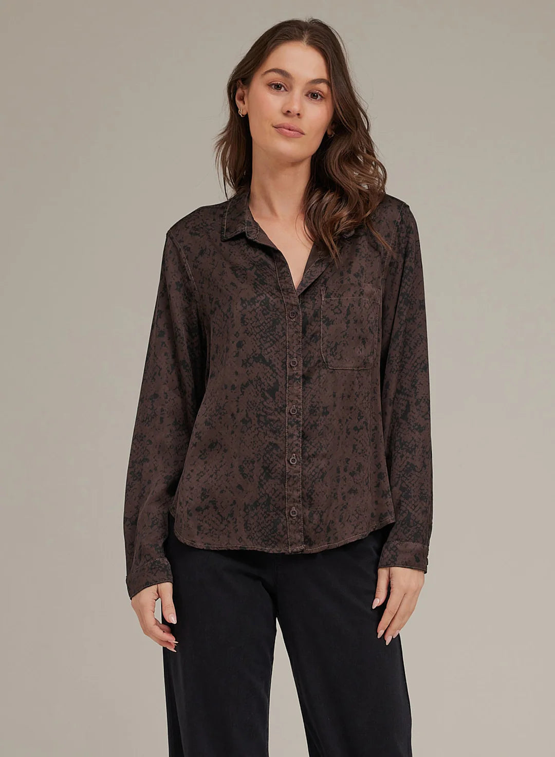 Long Sleeve Rounded Hem Button Down - Brown Snake Print