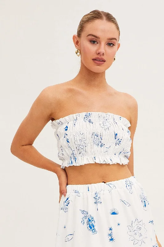 White Abstract Bandeau Top Shirred Print