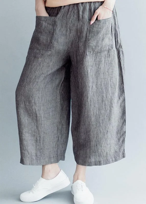 Grey Striped Pockets Wide Leg Fall Casual Pants