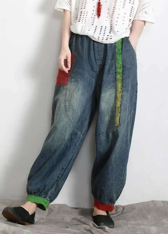 Handmade Blue Elastic Waist Patchwork Summer Pants