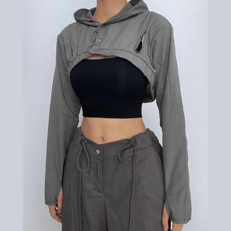 Hollow out button hoodie long sleeve cargo solid shrug crop top - Final Sale