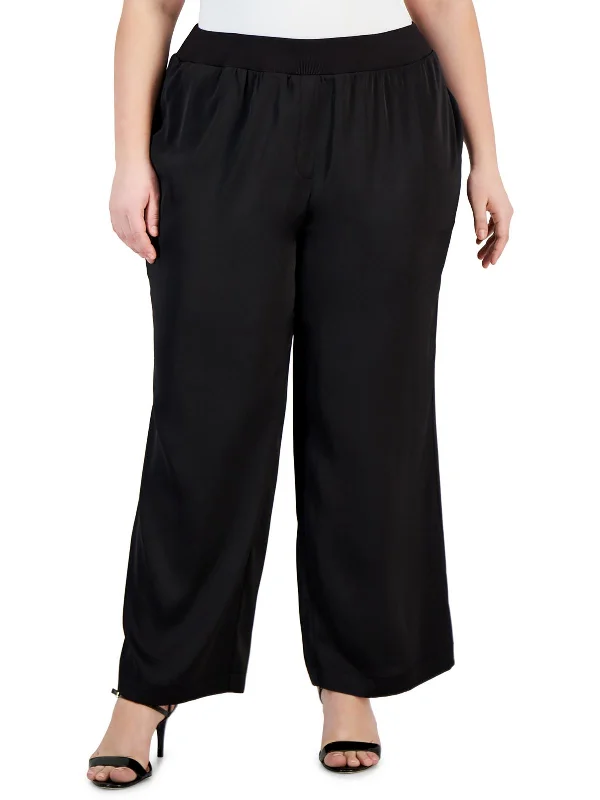 Plus Womens Satin High Waist Wide Leg Pants