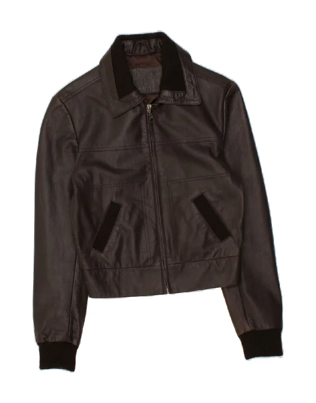 ON STAGE Womens Bomber Leather Jacket UK 10 Small Brown Leather