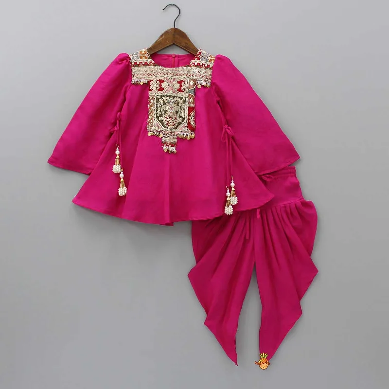 Embroidered Yoke Tassels Enhanced Pink Kurti And Dhoti