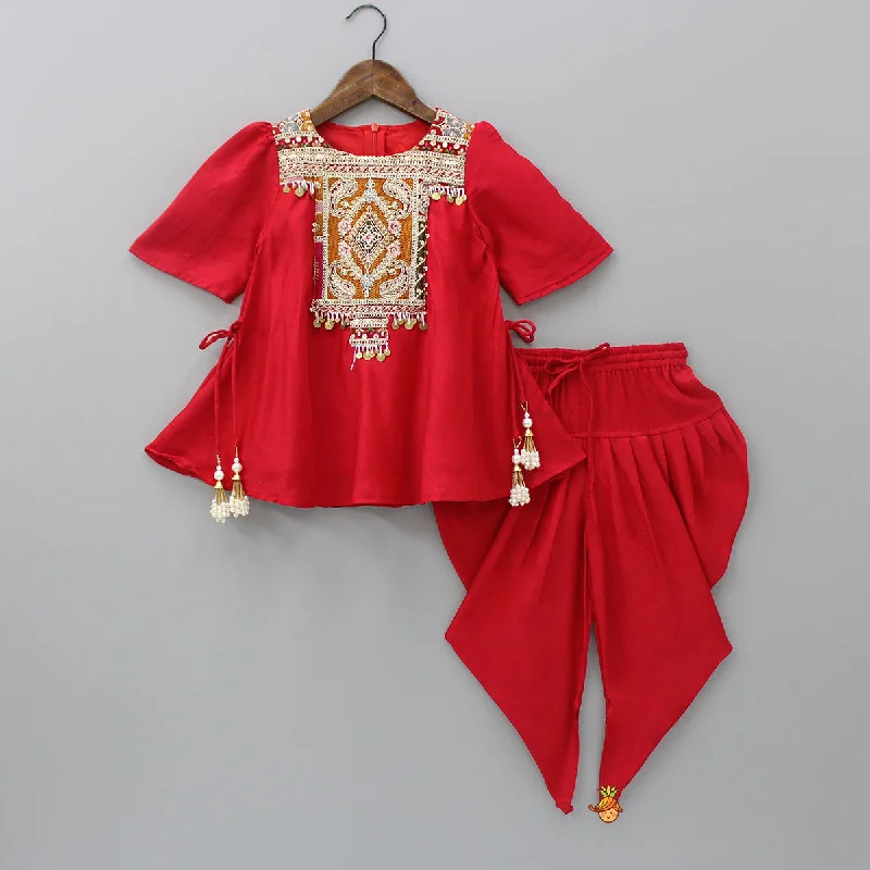 Embroidered Yoke Tassels Enhanced Red Kurti And Dhoti