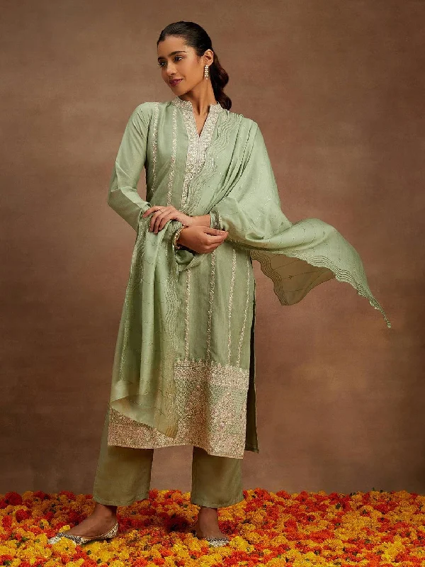 Green Embroidered Silk Straight Suit With Dupatta