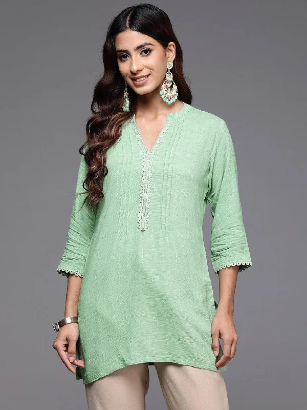 Green Woven Design Cotton Blend Straight Kurti