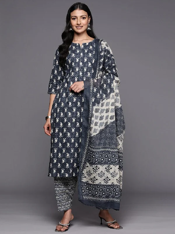 Grey Printed Cotton Straight Kurta With Salwar & Dupatta