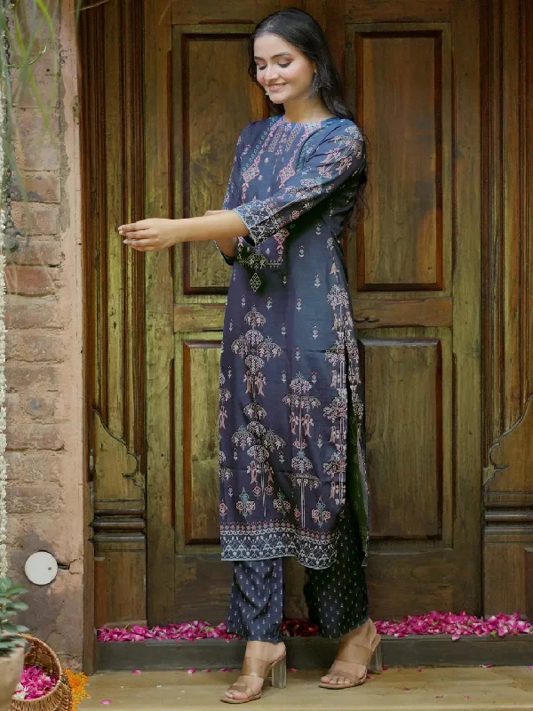 Grey Printed Crepe Straight Kurta Set