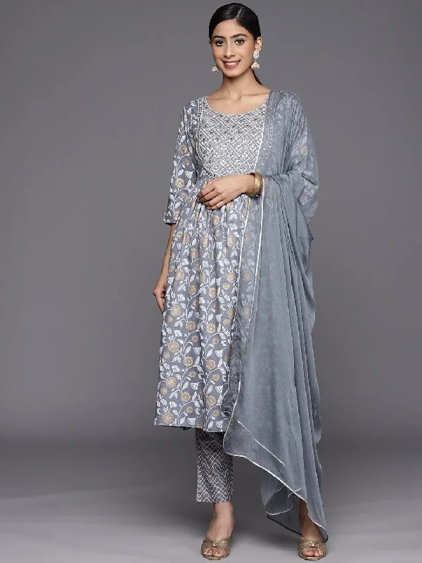 Grey Yoke Design Rayon A-Line Kurta With Trousers & Dupatta