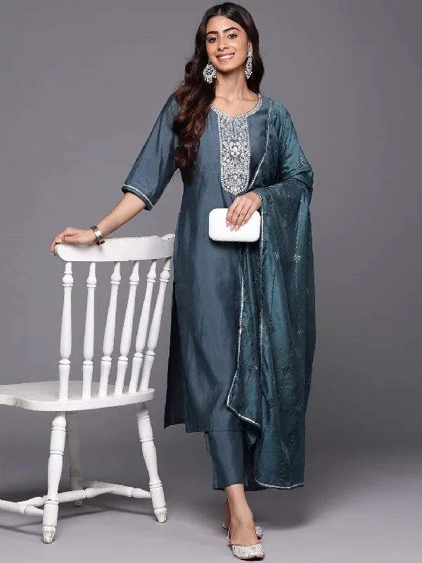 Grey Yoke Design Silk Blend Straight Suit With Dupatta