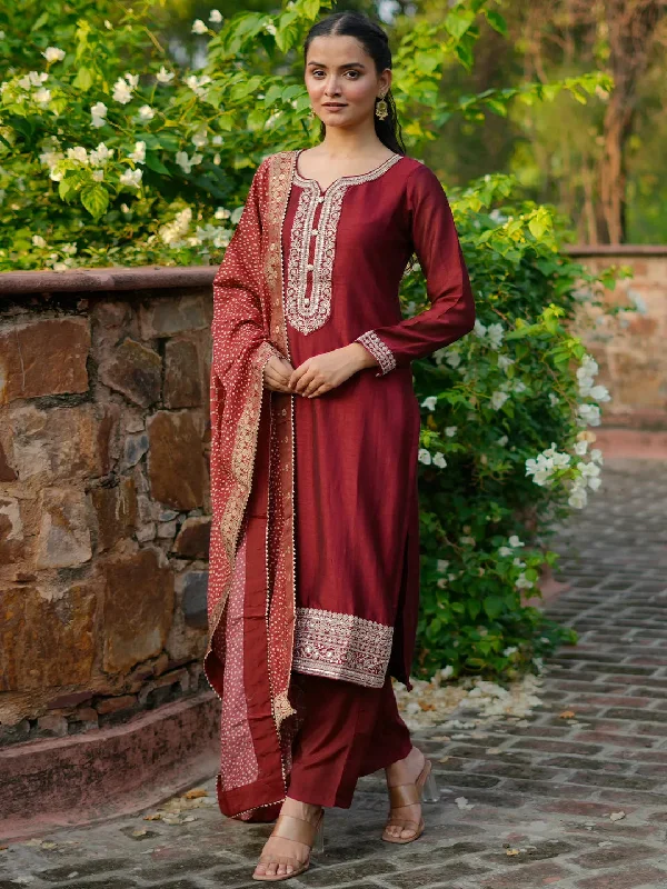 Maroon Embroidered Silk Blend Straight Suit With Dupatta