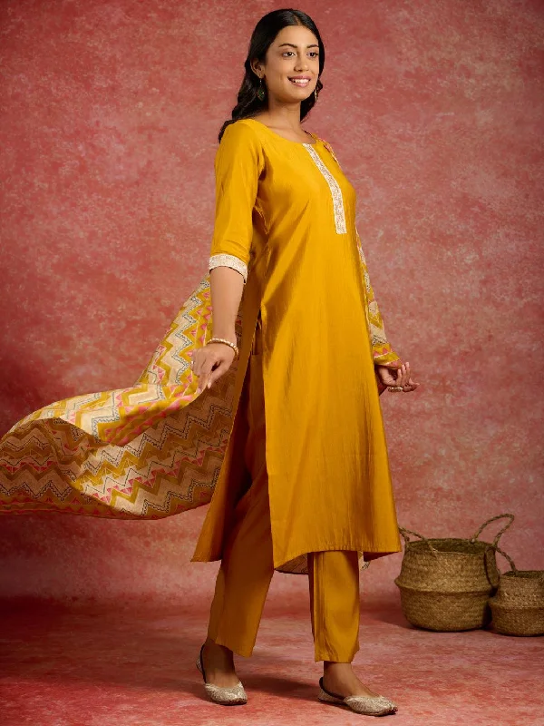 Mustard Yoke Design Silk Blend Straight Suit With Dupatta