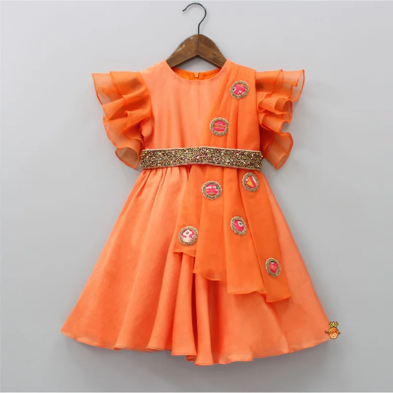 Organza Ruffle Sleeves Orange Flap Kurti With Attached Waist Belt