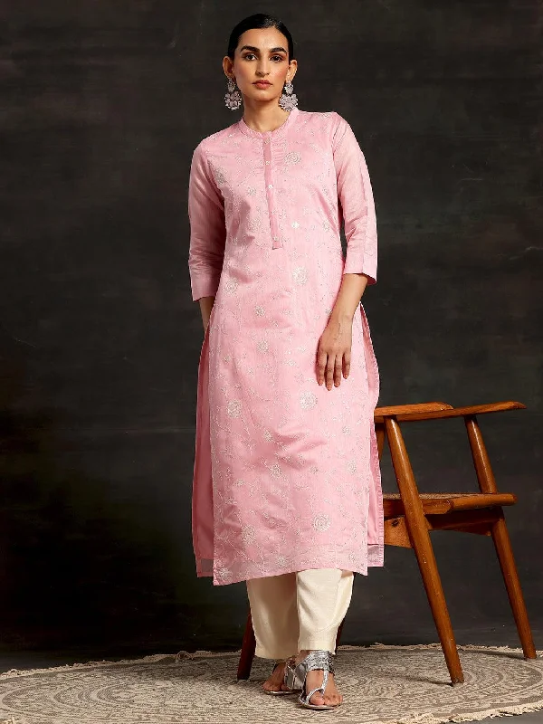 Pink Embroidered Chanderi Silk Straight Kurta