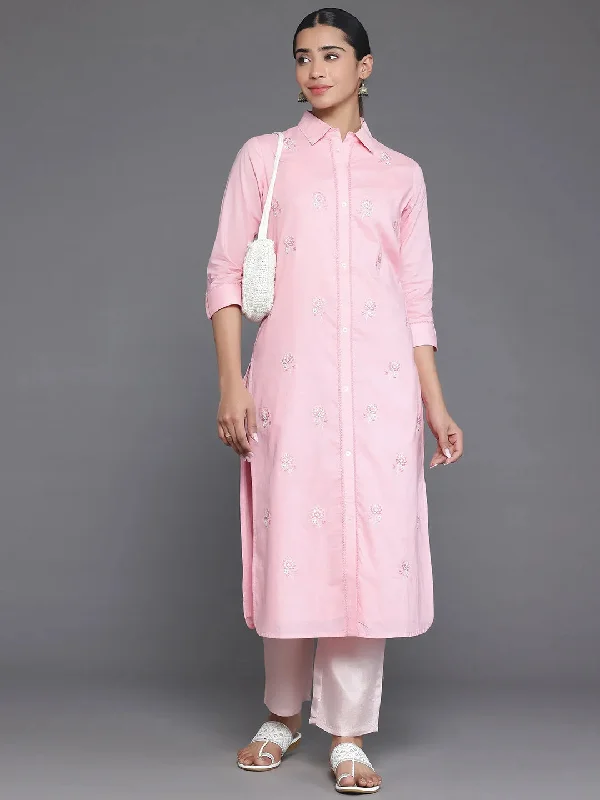 Pink Embroidered Cotton Straight Kurta