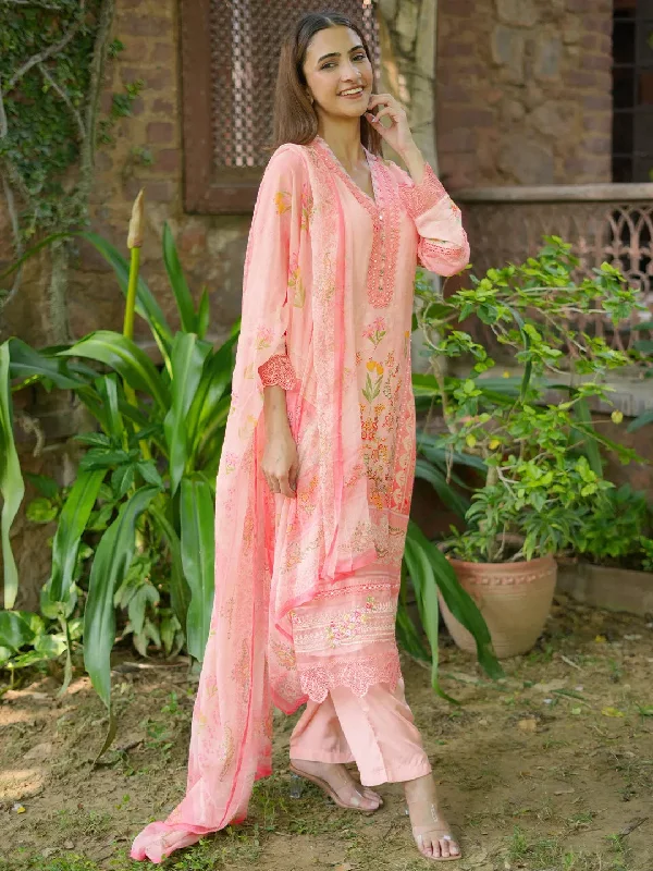 Pink Printed Silk Blend Straight Suit With Dupatta