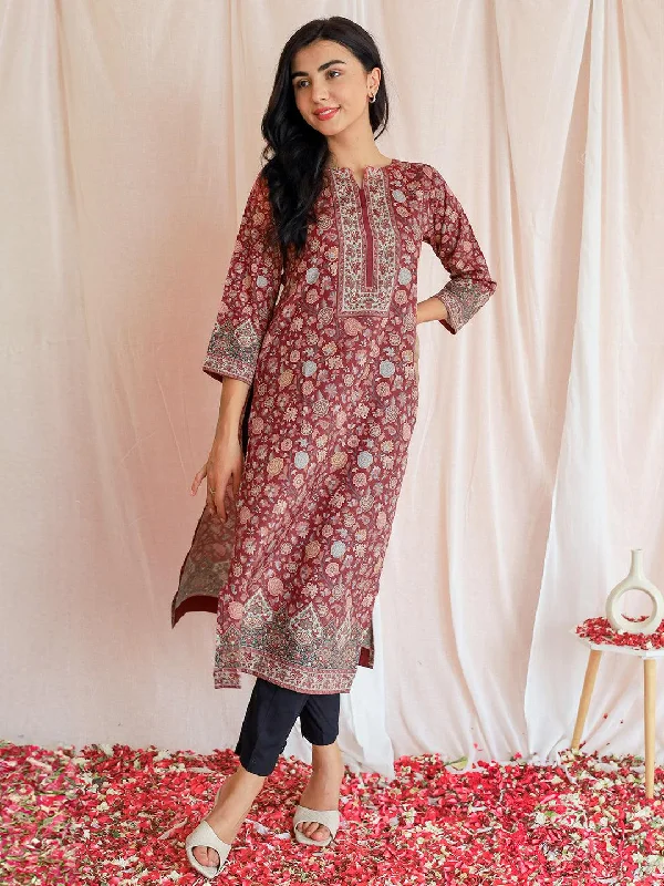 Rust Printed Crepe Straight Kurta