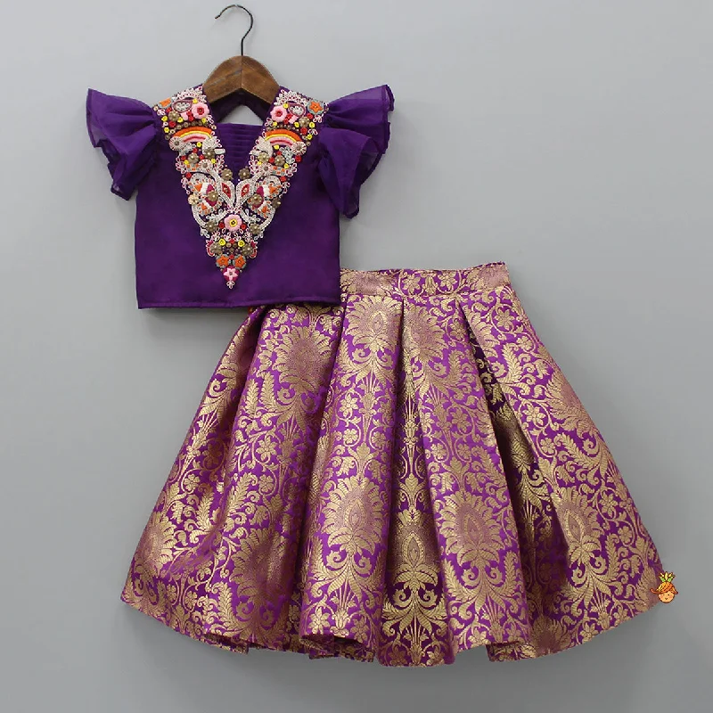 Stylish Cut Out Back Purple Top And Box Pleated Brocade Lehenga