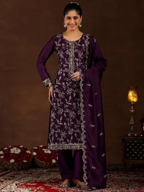 Wine Embroidered Silk Blend Straight Suit With Dupatta