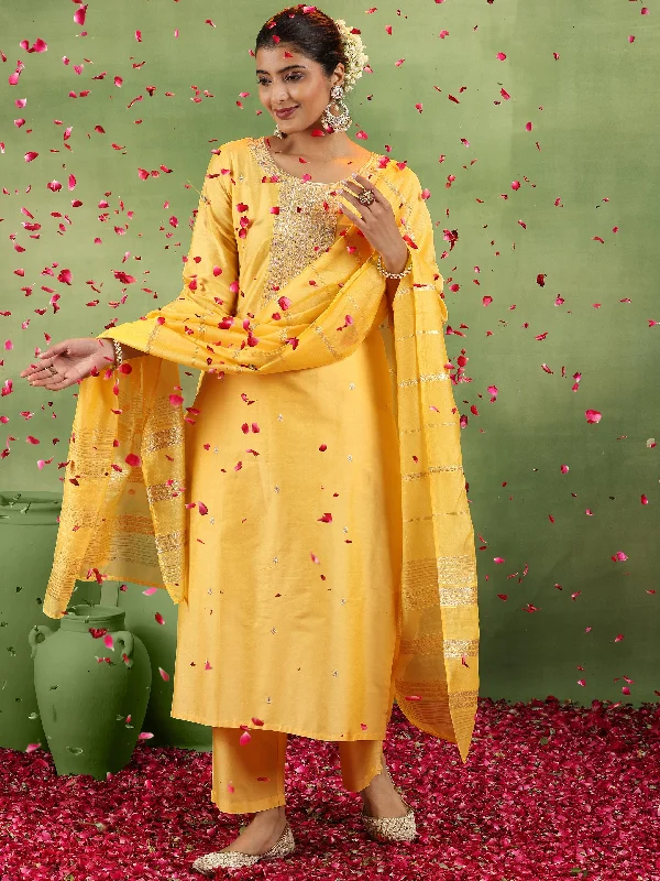 Yellow Embroidered Silk Blend Straight Suit With Dupatta