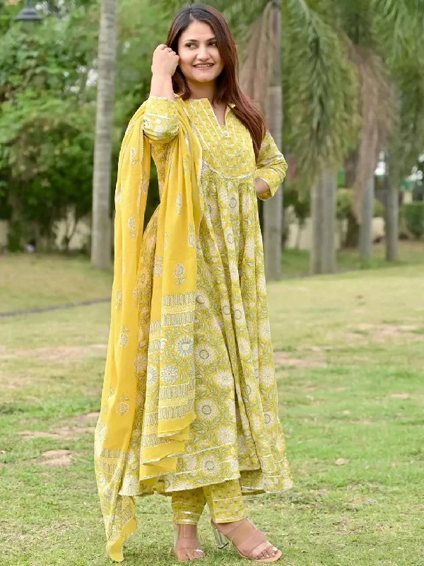 Yellow Yoke Design Cotton Anarkali Kurta With Trousers & Dupatta