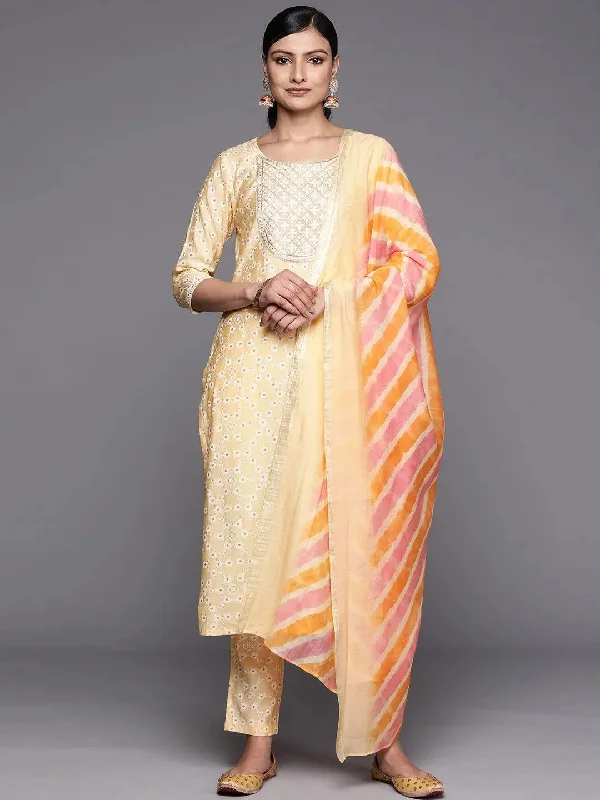 Yellow Yoke Design Silk Blend Straight Kurta With Trousers & Dupatta