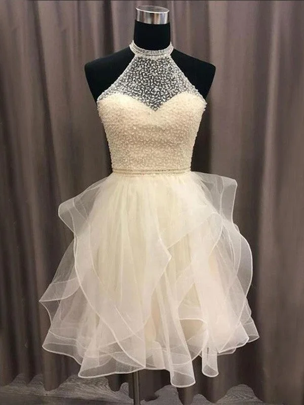 A-Line/Princess Organza Beading Halter Sleeveless Short/Mini Homecoming Dresses