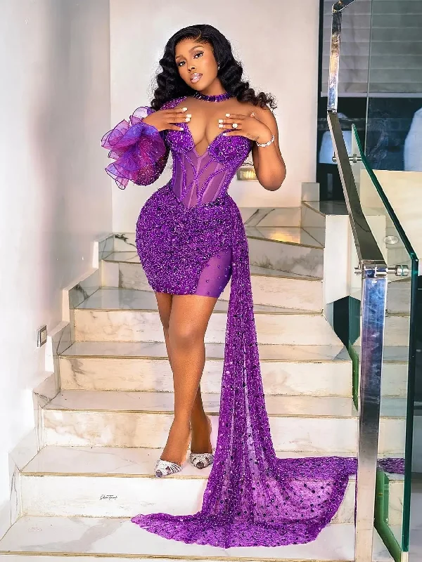 Chic Purple Sequins Beaded Short Prom Dresses African Women Formal Occasion Gowns 2024 Black Girls Cocktail Party Dress Mini