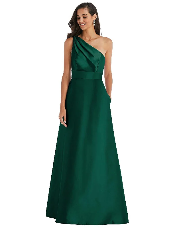 Draped One-Shoulder Satin Maxi Dress with Pockets