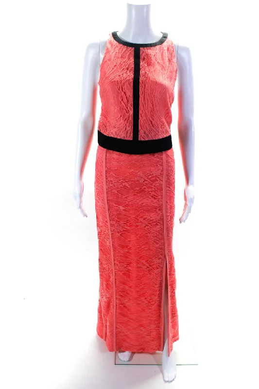 J. Mendel Womens Lace Sleeveless Crop Top Maxi Skirt Two Piece Set Pink