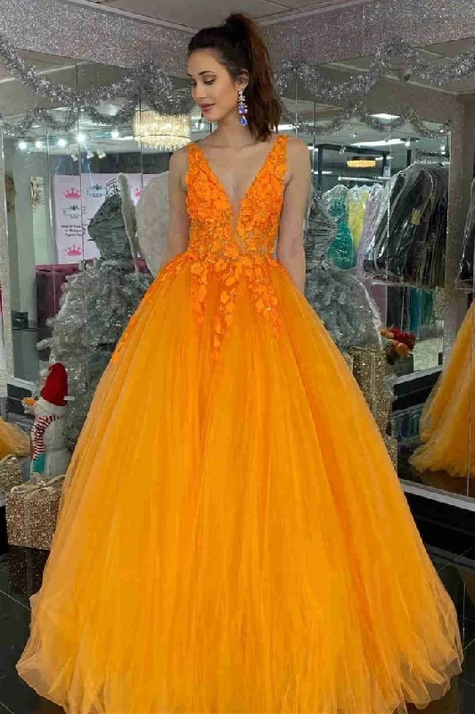 2025 Orange Lace Prom Dresses Floral V Neck Formal Evening Dress