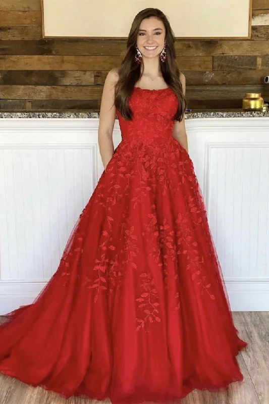 2025 Red Lace Prom Dresses A Line Floor Length Evening Gown