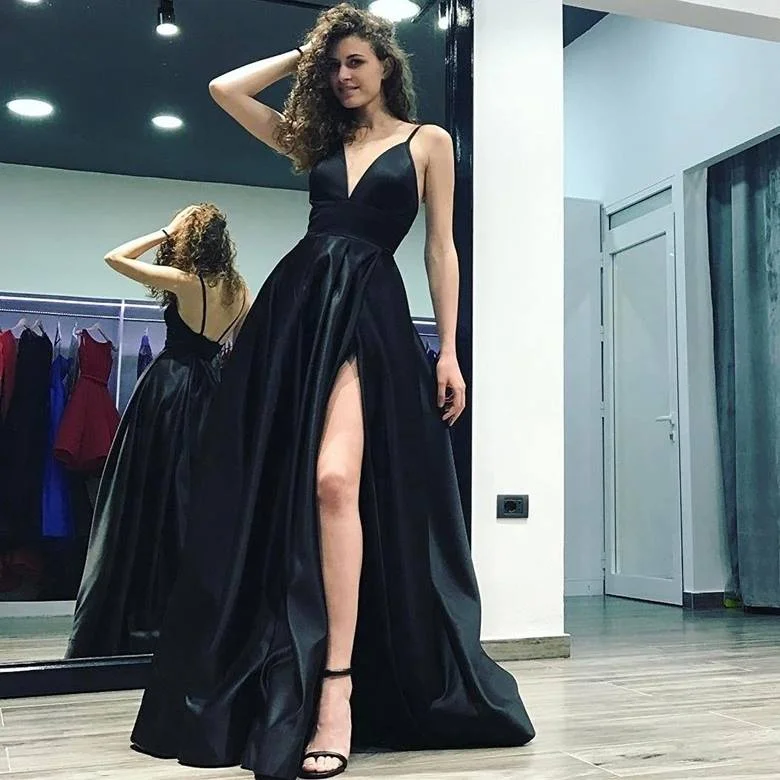 2025 A-Line Black Prom Dresses Spaghetti Straps Slit Evening Dresses Long