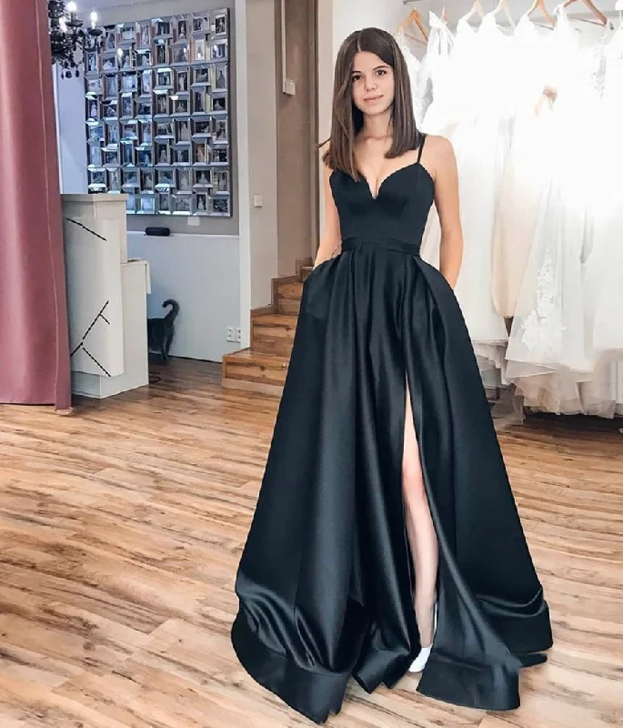 A Line 2025 Black Prom Dresses V Neck Evening Gown Spaghetti Strap